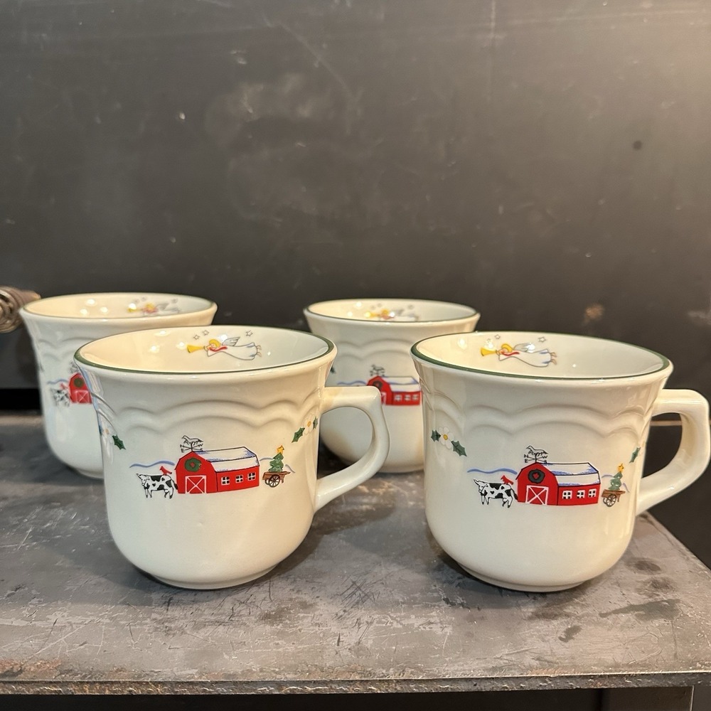 Lot of 4‎ Pfaltzgraff "Snow Village" Cups Mugs Farm Angel Reindeer Christmas